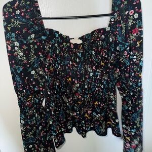 Meraki Black and Pink Smocked Blouse with Long Sleeves